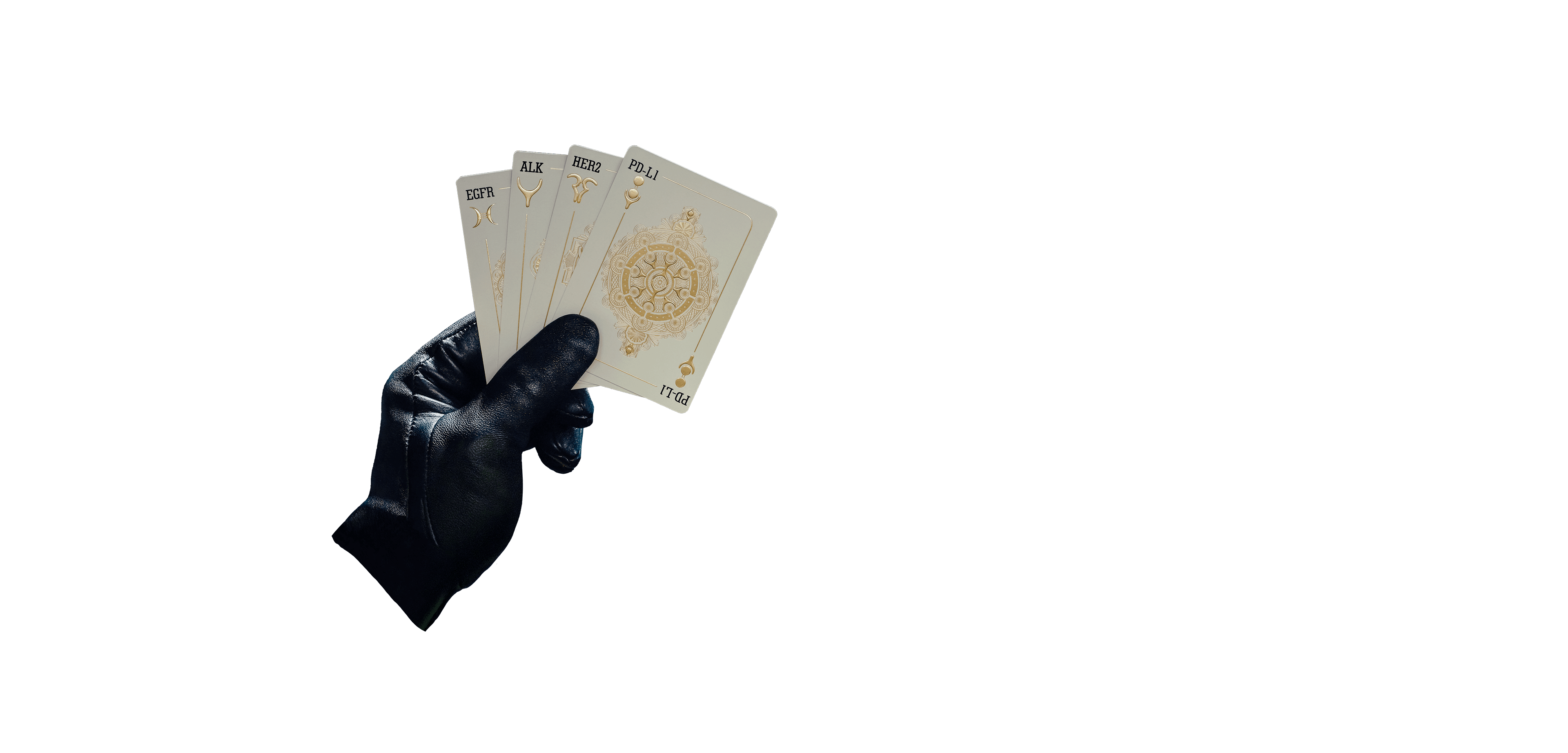 Hands holding playing cards that display oncogenic biomarkers commonly found in lung cancer
